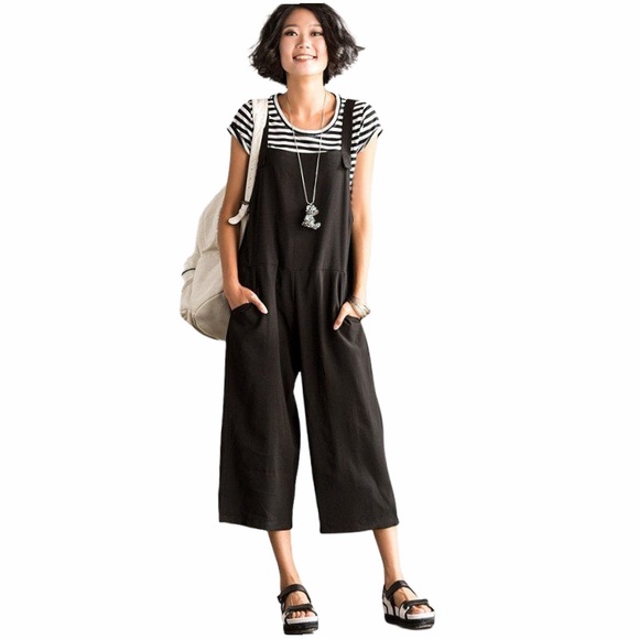 Monteau Pants - Linen Blend Knot Strap Crop Overalls With Pockets